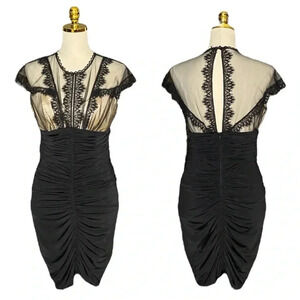 JESSICA McCLINTOCK | Y2K Black Mesh Lace Sheath Ruched Mini Dress Size 10